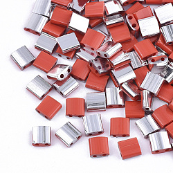 2-Hole Glass Seed Beads, Half Platinum Plated Colours, Square, Red, 5x4.5~5.5x2~2.5mm, Hole: 0.5~0.8mm, about 1180pcs/bag(SEED-S031-L-045-K)