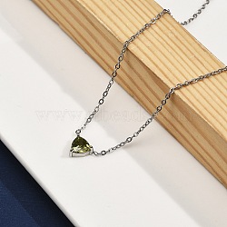 304 Stainless Steel Olive Cubic Zirconia Triangle Pendant Necklaces for Women, Stainless Steel Color, 17.72 inch(45cm)(NJEW-Z064-01P)