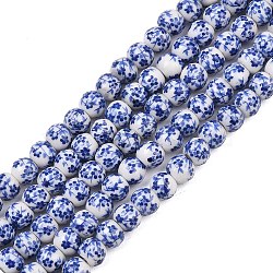 Handmade Flower Printed Porcelain Ceramic Beads Strands, Round, Royal Blue, 6mm, Hole: 2mm, about 60pcs/strand, 11.6~13 inch(X-PORC-M005-6mm-10)