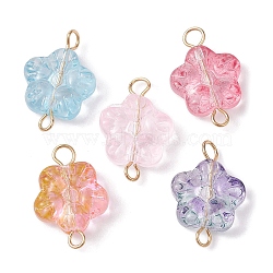 Transparent Glass Connector Charms, Plum Blossom Flower, with Golden Tone 304 Stainless Steel Double Loops, Mixed Color, 18.7x12.8x5.1mm, Hole: 1.6mm and 2.5mm(PALLOY-JF02373)
