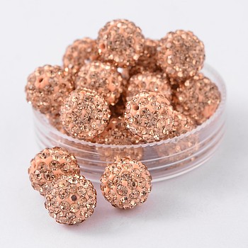 Pave Disco Ball Beads, Polymer Clay Rhinestone Beads, Grade A, Round, Light Peach, PP14(2~2.1mm), 10mm, Hole: 1.0~1.2mm