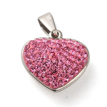 304 Stainless Steel Pendants, with Polymer Clay Rhinestone, Heart Charm, Stainless Steel Color, Rose, 17x17x8mm, Hole: 6.5x3mm
