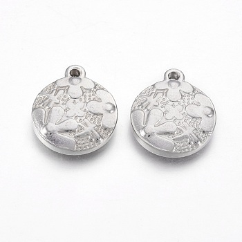 Non-Tarnish 201 Stainless Steel Pendants, Flat Round with Flower, Stainless Steel Color, 18.5x16x2.5mm, Hole: 1.4mm