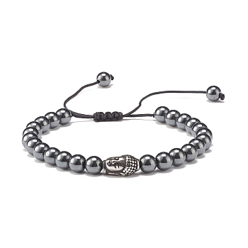 Round Synthetic Noctilucent Stone/Luminous Stone Braided Bead Bracelet with Buddha Head, Gemstone Yoga Jewelry for Women, Antique Silver, Inner Diameter: 1-3/4~3-3/8 inch(4.6~8.7cm)