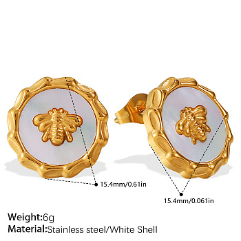 304 Stainless Steel & Shell Stud Earrings, with Enamel, Flat Round with Bees, Real 18K Gold Plated, White, 12~15.4mm