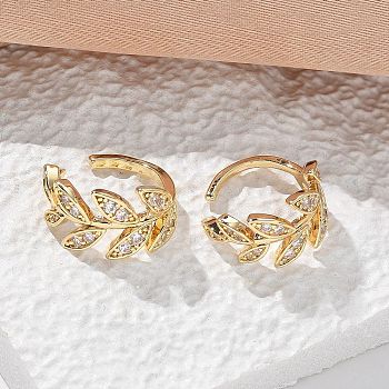 Brass Micro Pave Clear Cubic Zirconia Cuff Earrings, Leafy Branches, Golden, 15x8.5mm, Inner Diameter: 12mm