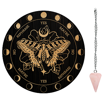 AHADEMAKER Divination Sets, including 1Pc PVC Plastic Pendulum Board, 1Pc 304 Stainless Steel Cable Chain Necklaces, 1Pc Natural Rose Quartz Stone Pendants, Butterfly Pattern, Board: 200x4mm