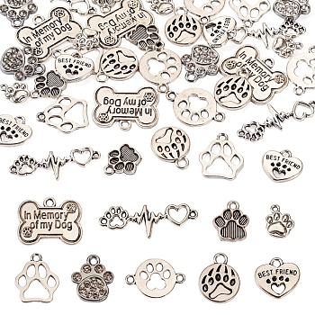DIY Jewelry Making Finding Kit, Inlcuding Tibetan Style Zinc Alloy Pendants & Connectors Charms, Dog Paw Print & Heart & Bone Shape, Antique Silver, 11.5~19.6x10~34x1.5~3mm, Hole: 1.4~3mm, 36Pcs/box