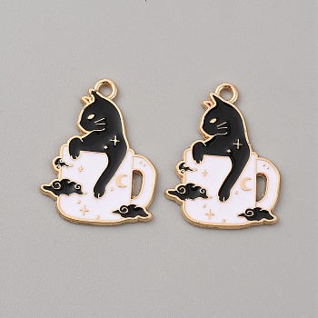 Alloy Enamel Pendants, Light Gold, Coffee Cup with Cat Charm, Black, 26x20x1.3mm, Hole: 1.8mm