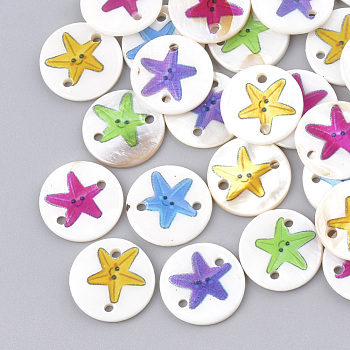 Printed Freshwater Shell Links connectors, Flat Round with Starfish/Sea Stars, Mixed Color, 18x2~2.5mm, Hole: 1.6mm