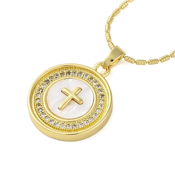 Brass Cubic Zirconia Flat Round Cross Pendant Necklaces, Column Link Chain Necklaces with Shell, Real 18K Gold Plated, 16.54 inch(42cm)