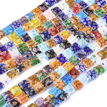 Square Handmade Millefiori Glass Beads Strands, Mixed Color, 10x10x4mm, Hole: 1mm, about 38pcs/strand, 14.9 inch