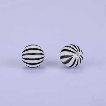 Printed Round with Stripe Pattern Silicone Focal Beads, White, 15x15mm, Hole: 2mm