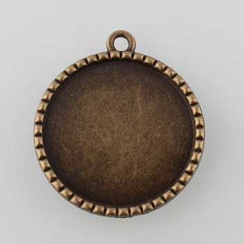 Tibetan Style Antique Bronze Alloy Flat Round Pendant Cabochon Settings, Cadmium Free & Nickel Free & Lead Free, Antique Bronze, Tray: 25mm, 32.5x29x2.5mm, Hole: 2mm, about 190pcs/1000g