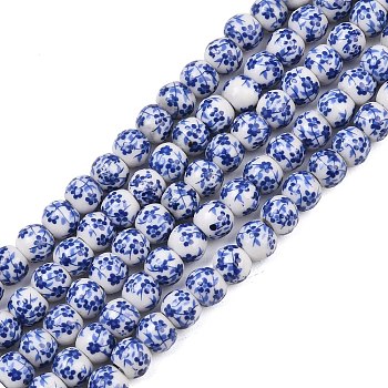 Handmade Flower Printed Porcelain Ceramic Beads Strands, Round, Royal Blue, 6mm, Hole: 2mm, about 60pcs/strand, 11.6~13 inch