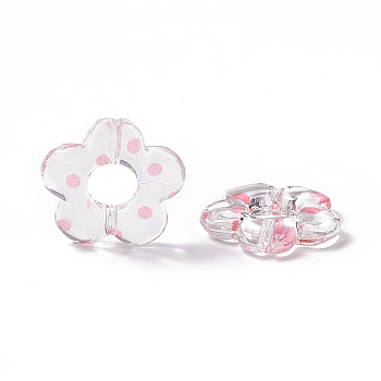 Transparent Acrylic Beads, Flower with Polka Dot Pattern, Clear, Pink, 19x19.5x3.5mm, Hole: 1.6mm