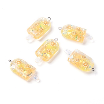 Resin Pendants, with Platinum Tone Iron Loop, Imitation Food, Ice-lolly with Fruit, Orange Pattern, 37x16.5x17.5mm, Hole: 2mm