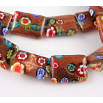 Handmade Millefiori Glass Beads Strands, with Gold Sand, Rectangle, Sienna, 10mm in diameter, 14mm long, 3.5mm thick, hole: 1mm, 28pcs/strand, 15 inch(X-MGS013)