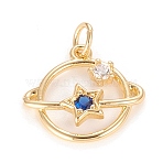 Brass Micro Pave Cubic Zirconia Pendants, Cadmium Free & Lead Free, Clear & Blue, Planet, Golden, 15.5x16.7x3mm, Hole: 3.5mm, Jump Ring: 5x0.8mm(X-KK-O126-13G)