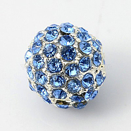 Alloy Rhinestone Beads, Grade A, Round, Silver Color Plated, Light Sapphire, 10mm, Hole: 2mm(RB-A034-10mm-A04S)