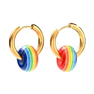 304 Stainless Steel Huggie Hoop Earrings, with Stripe Resin Large Hole Rondelle Beads, Colorful, Golden, 23x20x13.5mm, Pin: 1mm(EJEW-JE04321)