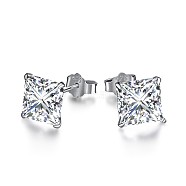 Rhodium Plated 925 Sterling Silver Micro Pave Cubic Zirconia Stud Earrings for Women, with S925 Stamp, Square, Real Platinum Plated, 8x8mm(EJEW-P231-77P)