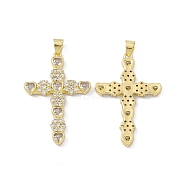Rack Plating Brass Micro Pave Cubic Zirconia Pendants, Cadmium Free & Lead Free, Long-Lasting Plated, Religion Cross with Heart & Flower Charm, Real 18K Gold Plated, 41.5x28x3mm, Hole: 5x4mm(ZIRC-I061-05G)