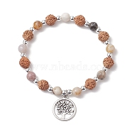 Round Natural Bamboo Leaf Agate & Electroplated Synthetic Non-magnetic Hematite & Natural Rudraksha Beaded Stretch Bracelets, Beads Bracelets, Tree of Life Alloy Charm Bracelets for Women, Mixed Color, Inner Diameter: 2-1/8 inch(5.3cm)(BJEW-JB10661)