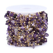 316 Stainless Steel Paperclip Chains, with Natural Amethyst Chips and Stainless Steel Beaded, Soldered, with Spool, Golden, 4~8x3.5~6x1~4mm, about 16.40 Feet(5m)/Roll(CHS-N003-01-02G)
