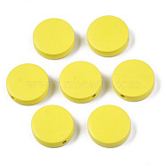 Painted Natural Poplar Wood Beads, Flat Round, Yellow, 20x5mm, Hole: 1.4mm(WOOD-S045-063B-08)