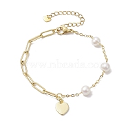 Natural Cultured Freshwater Pearl Beads Paperclip Chains Heart Charm Bracelets with Lobster Claw Clasps for Women, Golden, 7-1/4 inch(18.5cm)(BJEW-JB10192)