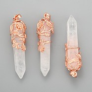 Natural Quartz Crystal Pointed Pendants, Rock Crystal Pendants, with Brass Findings, Bullet, Rose Gold, 57~60x16mm, Hole: 8x5mm(G-O164-02-RG05)