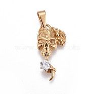 304 Stainless Steel Pendants, with Rhinestone, Skull, Golden, 36.5x18x6.5mm, Hole: 3~3.5x8mm.(STAS-F202-08G)