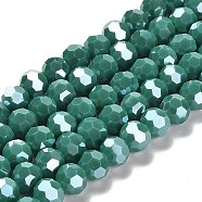 Electroplate Opaque Glass Beads Strands, Faceted(32 Facets), Pearl Luster Plated, Round, Teal, 8mm, Hole: 1mm, about 66~69pcs/strand, 19.29~19.57 inch(49~49.7cm)(EGLA-A035-P8mm-A21)