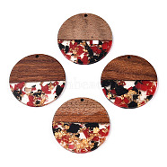 Transparent Resin & Walnut Wood Pendants, with Gold Foil, Flat Round Charms, FireBrick, 38.5x3mm, Hole: 2mm(RESI-TAC0017-75-A06)