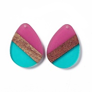 Transparent Resin & Walnut Wood Pendants, Water Drop Charms, Turquoise, 35.5x26x3.5mm, Hole: 2mm(RESI-M027-04G)