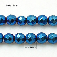 Non-Magnetic Synthetic Hematite Beads Strands, Grade A, Color Plated, Faceted, Round, Blue Plated, 4mm, Hole: 1mm(G-C018-4mm)