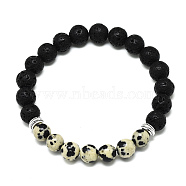 Natural Dalmatian Jasper Beads Stretch Bracelets, with Synthetic Lava Rock Beads and Alloy Beads, Round, Inner Diameter: 2-1/8 inch(5.5cm), Beads: 8.5mm(BJEW-R309-02-A12)