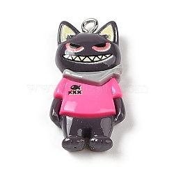 Opaque Resin Cat Pendants, Cartoon Pirate Kitten Charms with Platinum Plated Iron Loops, Hot Pink, 32x15.5x6mm, Hole: 2mm(RESI-S399-07A)