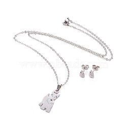 304 Stainless Steel Puppy Jewelry Sets, Cable Chains, Pendant Necklaces and Stud Earrings, with Ear Nuts/Earring Back, Terrier Dog, Stainless Steel Color, 17.7inches(45.1cm); 1.5mm; 8x4.5mm; Pin: 0.8mm(SJEW-F208-06P)