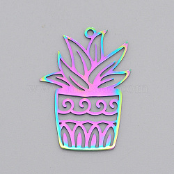 Ion Plating(IP) 201 Stainless Steel Pendants, Laser Cut, Flower Pot, Rainbow Color, 31.5x23x1mm, Hole: 1.5mm(STAS-T056-LA547)