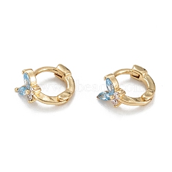 Butterfly Sparkling Cubic Zirconia Hoop Earrings for Girl Women, Lead Free & Nickel Free & Cadmium Free, Real 18K Gold Plated Brass Earrings, Deep Sky Blue, 8x9x5.5mm, Pin: 0.8mm(EJEW-H126-26G-A)