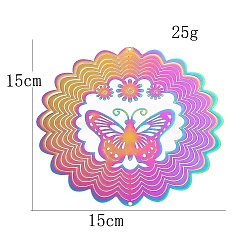 Stainless Steel 3D Wind Spinners, for Outside Yard and Garden Decoration, Flower with Butterfly, Rainbow Color, 150mm(PW-WGAB6CE-04)