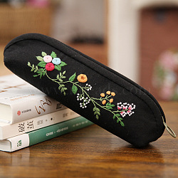 DIY Flower Pattern Cotton Pen Bags Embroidery Kit, including Embroidery Needles & Thread, Zipper, Plastic Embroidery Hoop, Black, 230x60x80mm(SENE-PW0003-070F)