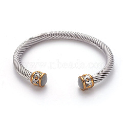 304 Stainless Steel Cuff Bangles, Torque Bangles, with Cat Eye, Golden & Stainless Steel Color, Gray, 2-1/4 inch~2-3/8 inch(5.7~6cm)(BJEW-L642-22A)
