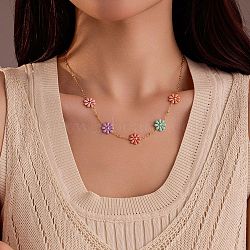 304 Stainless Seel Enamel Daisy Flower Link Chain Necklaces for Women, Real 18K Gold Plated, Colorful, 16.93 inch(43cm)(NJEW-D303-01G)