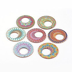 Printed Wooden Big Pendants, Flat Round with Pattern, Mixed Color, 60x2.5mm, Hole: 1mm(X-WOOD-S037-096)