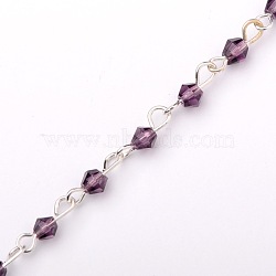 Handmade Bicone Glass Beads Chains for Necklaces Bracelets Making, with Iron Eye Pin, Unwelded, Silver Color Plated, Purple, 39.3 inch(AJEW-JB00048-02)