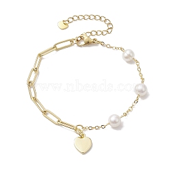 Natural Cultured Freshwater Pearl Beads Paperclip Chains Heart Charm Bracelets with Lobster Claw Clasps for Women, Golden, 7-1/4 inch(18.5cm)(BJEW-JB10192)