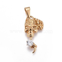 304 Stainless Steel Pendants, with Rhinestone, Skull, Golden, 36.5x18x6.5mm, Hole: 3~3.5x8mm.(STAS-F202-08G)